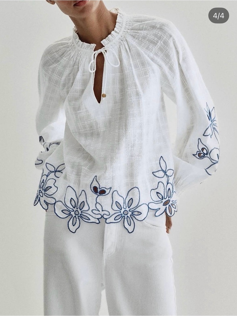 Zara White Peasant Blouse with Navy Floral Embroidery